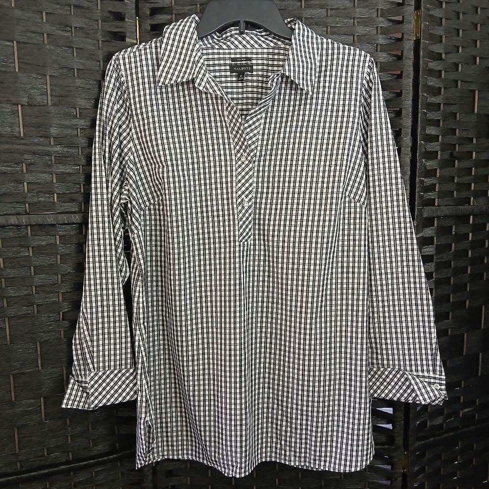 Talbots Women's Black and White Checkered Blouse SZ 10